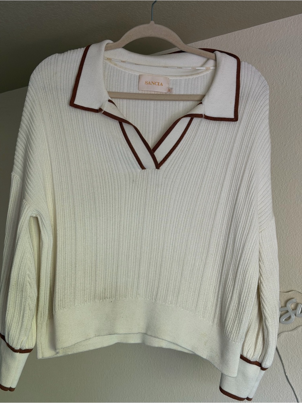 Sancia Cream Ribbed V-Neck Polo Sweater with Brown Trim